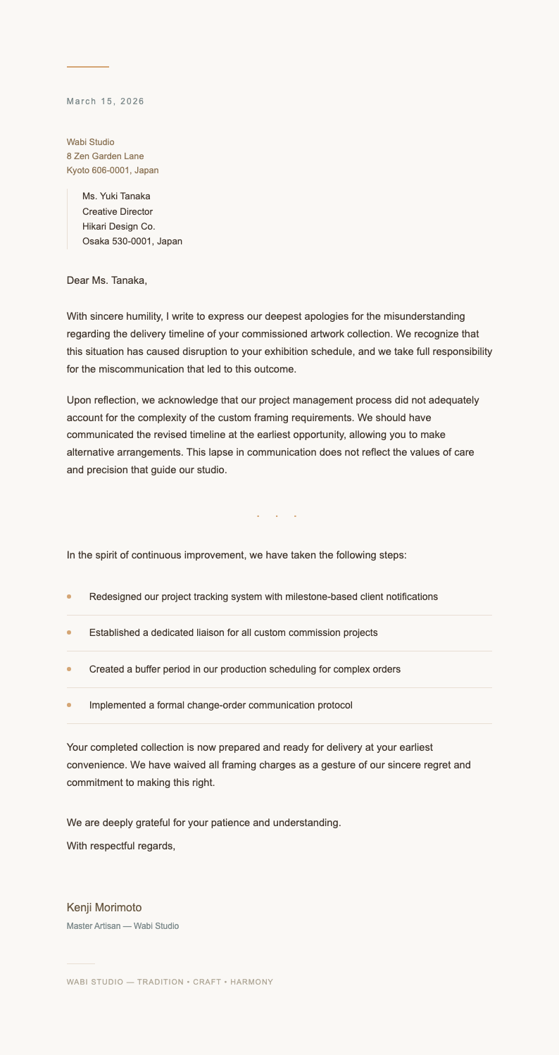 Japandi minimalist apology letter